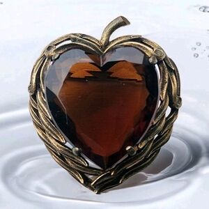 Vtg CAPRI Signed Smoked Topaz Glass Heart Brooch Pendant Gold Tone Mid Century